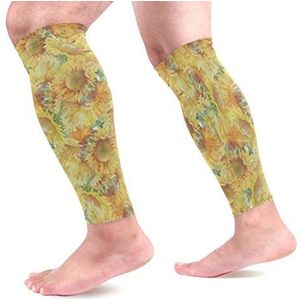 EZIOLY Zonnebloemen Aquarel Sport Kalf Compressie Mouwen Been Compressie Sokken Kalf Guard voor hardlopen, Fietsen, Moederschap, Reizen, Verpleegkundigen