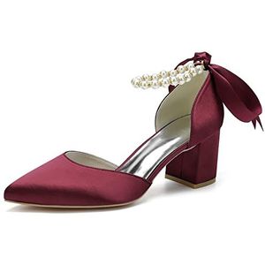 Dames Mid Chunky Blokhakken Trouwjurk Schoenen Parels Enkelbandje Bruidspumps Puntige neus Avondfeest Sandalen,Burgundy,36 EU