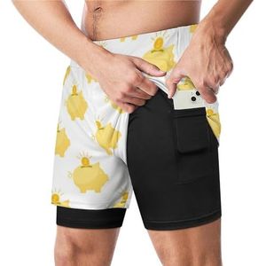 Geel Spaarvarken En Munten Grappige Zwembroek Met Compressie Liner & Pocket Voor Mannen Board Zwemmen Sport Shorts