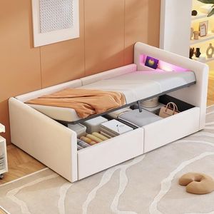 Gestoffeerd bed kinderbed 90 x 200 cm, met ledlicht, met nachtlampje en USB-oplaadpoort, met plank, met hydraulische opbergruimte, eenvoudig eenpersoonsbed, jongens- en meisjesbedden, fluweel, beige