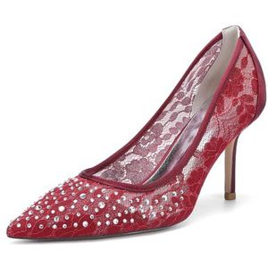 EICOFF Dames Puntige Teen Kant Bloem Bruiloft Bruids Schoenen Vrouwen Hoge Hak Stiletto Pumps Strass Slip-op Jurk Avond Feestschoenen,Burgundy,35 EU