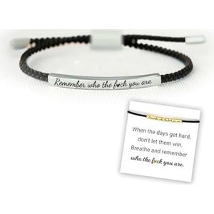 Remember Who The F You Are Motivational Tube Bracelet, Adjustable Hand Braided Wrap Tube Bracelet, Inspirational Bracelets Jewelry Gifts for Women Girls Best Friend Teen (Black-Silver)