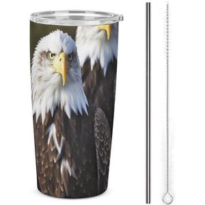 AQRJLPM Witte kop Eagle autobeker roestvrij stalen beker met rietje en deksels lekvrij geïsoleerde roestvrijstalen reiskoffiemok pobtable voor koude warme dranken kamperen