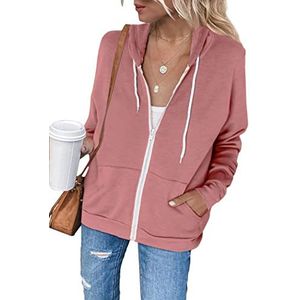 Maavoki Dames Zip Hoodie Lange Mouwen Capuchon Fleece Outwear Jassen Herfst Winter Sweatjack, A-roze, M
