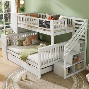 boorbin Huisbed, kinderbed, stapelbed, met graffiti-plank, multifunctioneel kinderbed, met trap en opbergkasten, met laden, zonder matras, 140 x 200 cm en 90 x 200 cm, wit