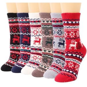 yeeplant Hertenpatroon Crew Sokken voor Vrouwen - Pluizige Zachte 6-Pack Kerst Sleepy Fuzzy Cozy Sokken, Meerkleurig, Eén Maat