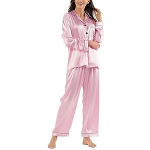 Damespyjamaset, lange mouw/korte mouw, satijn-zijden unikleurige pyjama voor dames met knopenlijst