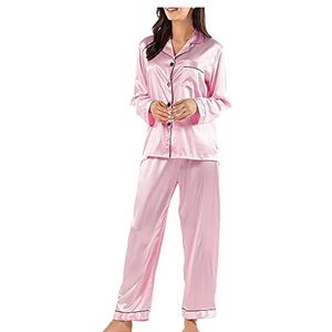 Damespyjamaset, lange mouw/korte mouw, satijn-zijden unikleurige pyjama voor dames met knopenlijst