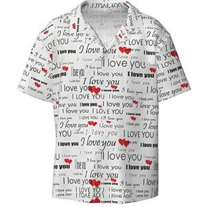 I Love You Words with Hearts Print Heren Jurk Shirts Casual Button Down Korte Mouw Zomer Strand Shirt Vakantie Shirts, Zwart, XXL