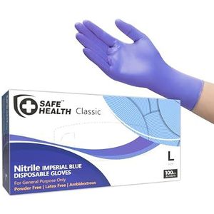 Safe Health Nitril wegwerphandschoenen, maat L, Imperial blauw, 100 stuks, poedervrij, latexvrij, levensmiddelenlaboratorium, huismeester, schilderwerk, mechanische afwerking, uitvoeringswetten, 3 ml