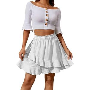Btofellin Zomerrok voor dames, ruches, casual, geplisseerd, hoge taille, kort, rok, mini-strandrok, Wit, M