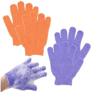 2 paar peeling-handschoenen, scrub-badhandschoenen, exfoliërende handschoenen, vijf-vinger-badhandschoenen voor mannen, dames, kinderen voor peeling/douche/bad/spa/massage (paars + oranje)