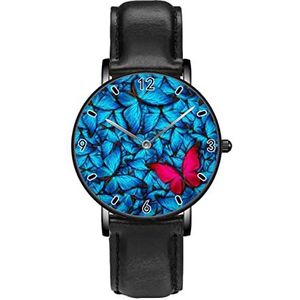 Rode Vlinder In Blauwe Butterfiles Persoonlijkheid Zakelijke Casual Horloges Mannen Vrouwen Quartz Analoge Polshorloges, Zwart