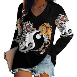 Yin Yang Dragon And Tiger dames casual T-shirts met lange mouwen V-hals bedrukte grafische blouses T-shirt tops 2XL