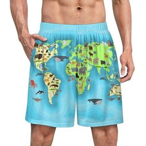 World Animals Map Grappige Pyjama Shorts voor Mannen Pyjama Bottoms Heren Nachtkleding met zakken Zacht