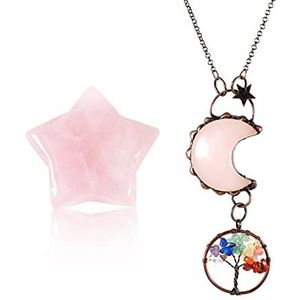 Unifizz Natuurlijke genezing rozenkwarts kristal 7 kleuren levensboom hanger ketting maanvorm helende kristallen steen en ster natuurlijke kristallen steen ornamenten versieren voor mannen vrouwen geschenk