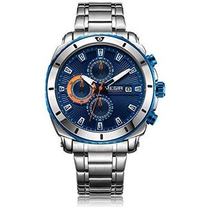 Megir Mannen Rvs Jurk Quartz Horloges Zakelijke Chronograaf Horloge Voor Man Lichtgevende Handen, Blauw, luxe