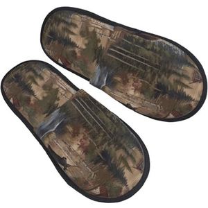 BONDIJ Rustieke lodge beer eland print pantoffels zachte pluche huispantoffels warme instappers gezellige indoor outdoor slippers voor vrouwen, Zwart, one size