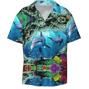 TyEdee Ocean Underwater Dolphin Fish Print Heren Korte Mouw Jurk Shirts met Pocket Casual Button Down Shirts Business Shirt, Zwart, L