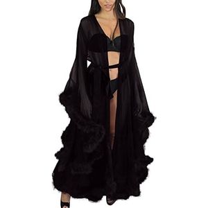 LTLCLZ Dames kimono kant sexy nachthemd, transparante nachtkleding lingerie ochtendjas veer robe chiffon lange maxi-jurk, zwart, One Size