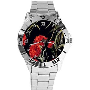 Bloemen Rode Mode Vrouwen Horloges Sport Horloge Voor Mannen Casual Rvs Band Analoge Quartz Horloge, Zilver, armband