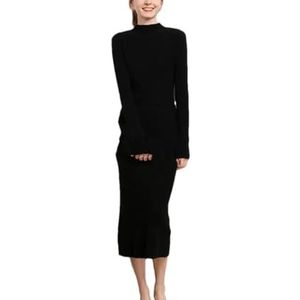 Dames wollen elegante jurken dames effen bespot hals gebreide midi-jurk, Zwart, XL