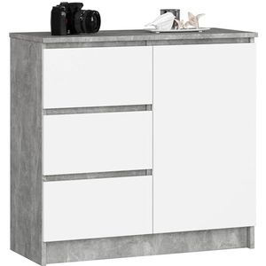 AKORD Borst K-80 Jerry met 3 laden | Kast met 2 planken en 1 deur | Voor de woonkamer slaapkamer | Modern | 16mm gelamineerde plaat | 80x77x35 cm | beton + witte voorkant