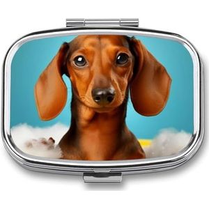 Pillendoos 2 compartimenten vierkante pillenorganisator dagelijkse kleine pillenkoffer voor reizen teckel hond metalen pillencontainer draagbare medicijnorganisator voor pillen vitaminen visolie