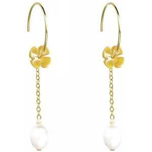 Elegante sieraden voor vrouwen met zoetwater parel accenten, chique bloem ketting druppel oorbellen, 4,5 cm lengte, Zilver