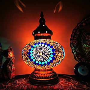 AIBOTY Turkse Boheemse Tafellamp Retro Handgemaakte Marokkaanse Mozaïek Blauw Glas Bureaulamp Arabische Decoratie Nachtkastje Lamp voor Cafe, Bar, Slaapkamer, Kantine
