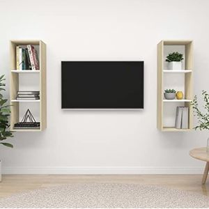 AJJHUUKI Entertainmentcentra en tv-standaards Wandgemonteerde tv-kasten 2 stuks witte en sonoma eiken ontworpen houten meubels
