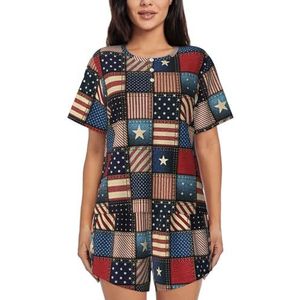 YQxwJL Amerikaanse Vlag Patchwork Print Vrouwen Pyjama Sets Shorts Korte Mouw Lounge Sets Nachtkleding Casual Pjs Met Zakken, Zwart, L