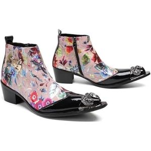 ZZveZZ Rozerode Metalen Puntige Banketkorte Herenlaarzen Met Bloemenprint En Verhoogde Leren Schoenen (Color : Pink, Size : 38 EU)