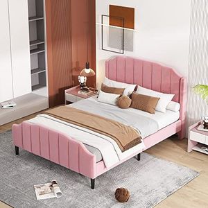 DUlVBPE Gestoffeerd bed, 140 x 200 cm, bedframe met hoofdeinde, voeteneinde en lattenbodem, roze fluwelen gestoffeerd, tweepersoonsbed, tienerbed, logeerbed