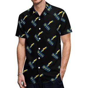 Zweden Kaart Vlag Heren Hawaiiaanse Shirts Korte Mouw Casual Shirt Button Down Vakantie Strand Shirts M