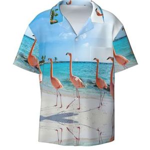 OdDdot Roze Flamingo Op Strand Print Heren Jurk Shirts Atletische Slim Fit Korte Mouw Casual Business Button Down Shirt, Zwart, XXL