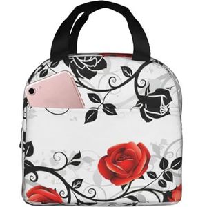 EdWal Bloemen Roos met Bladeren Lente Print Herbruikbare Lunch Tas voor Vrouwen Mannen Eenvoudige Tote Volwassenen Lunch Koeltas voor Werk Picknick Reizen