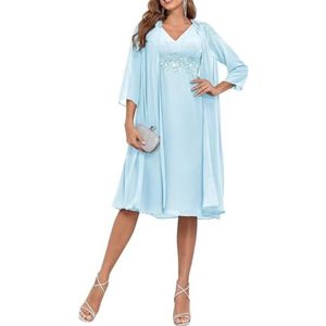 2 Stuks Moeder van de Bruid Jurk voor Bruiloft 3/4 Mouwen Chiffon Avond Prom Jassen met Jas, Lichtblauw, 32