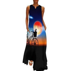 Landschap Mooie Lucht met Kat op een Fiets Enkellengte Jurk Dames Slim Fit Mouwloze Maxi Jurken Casual Zonnejurk XL