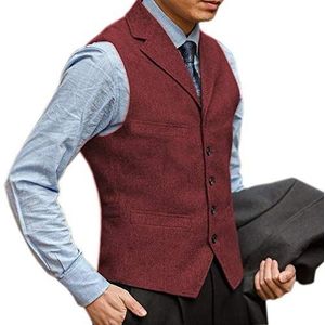 HSLS Heren smoking gilet wol tweed pak vest casual voor bruidsjonkers, Bordeaux, S