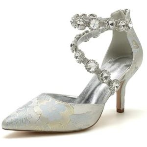 KYEGLO Vrouwen Puntige Stiletto Hoge Hakken Met Rits, Gesloten Neus Bruidsschoenen Met Strass Bandjes, Feestelijke Bruiloftsschoenen, Cadeaus Voor Vrouwen,Zilver,36