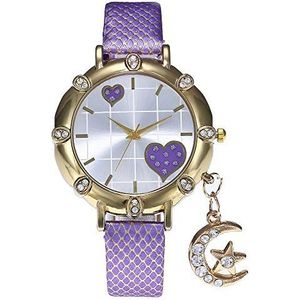Fashion horloges Lady Moon Star Charm Diamond Watch Vrouwen Snakeskin PU Gold Buckle Clock strass horloge (Color : Purple)