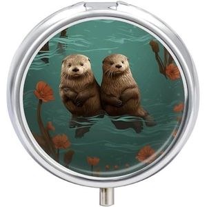 Pillendoosje met spiegel 3 compartimenten Otters in Love pillenetui voor portemonnee, wekelijkse pillenorganizer, reismedicijnkoffer, draagbare pillenhouder voor dagelijks gebruik