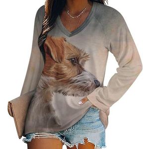 Jack Russell Terrier Casual T-shirts met lange mouwen voor dames, V-hals, bedrukte grafische blouses, T-tops, L