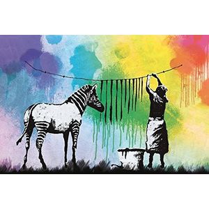 1art1 Banksy Poster Kunstdruk Op Canvas Zebra Stripes Laundry Day Muurschildering Print XXL Op Brancard | Afbeelding Affiche 120x80 cm