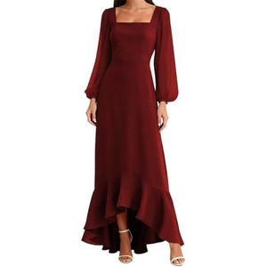 AHERKLL Bruidsmeisjesjurken met lange mouwen voor bruiloft chiffon formele avondfeest maxi-jurk hoog laag HAH052, Bordeaux, 34