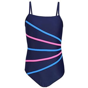 Aquarti Meisjes Badpak met Spaghettibandjes en Strepen, Donkerblauw/Streep Roze Blauw, 134