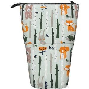 Nbtghga Leuke Vos Beer Vogel Boom Print Potlood Telescopische Klassieke Kunsten Stand Up Potlood Case Organizer Potlood Houder Make-up Tas Gift, Zwart, Eén maat