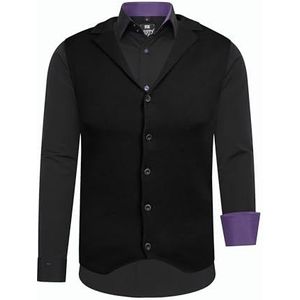 Rusty Neal Heren overhemd vest premium slim fit lange mouwen stretch contrast overhemd business overhemden vrijetijdshemd set, zwart/lila, XXL