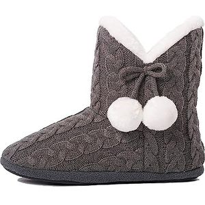Slipper - Dames Pantoffels - Grijs - Bont Gevoerd - Inclusief Pom Poms